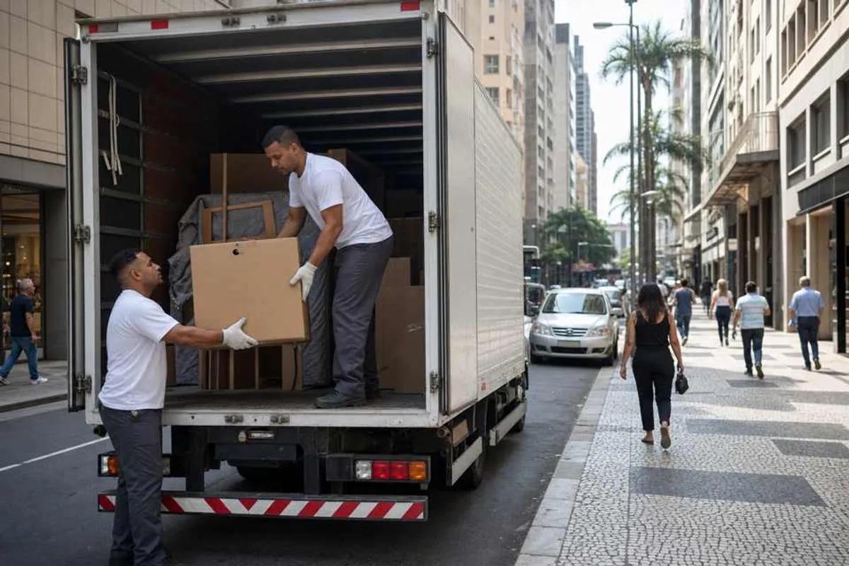Caminhão de mudança e profissionais carregando caixas no Centro de Dourados